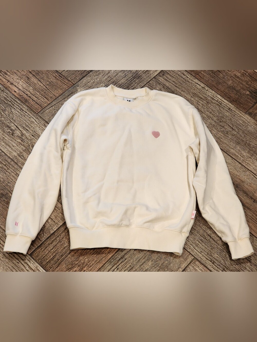 BTS Cream Crewneck Sweater with Pink Heart Size S